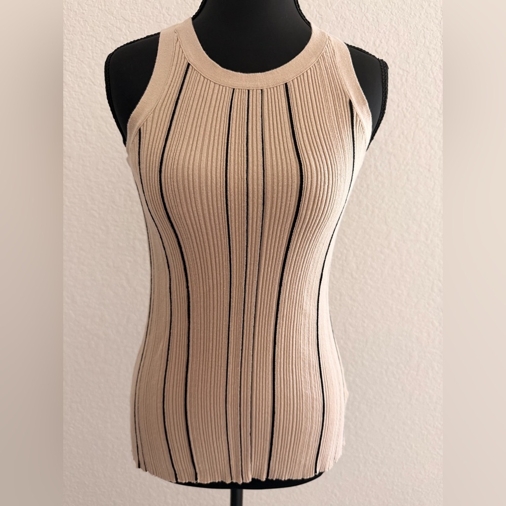 Totême Curved Rib Tank Fawn Beige Black Stripe | Soft Stretch  Luxury Top
